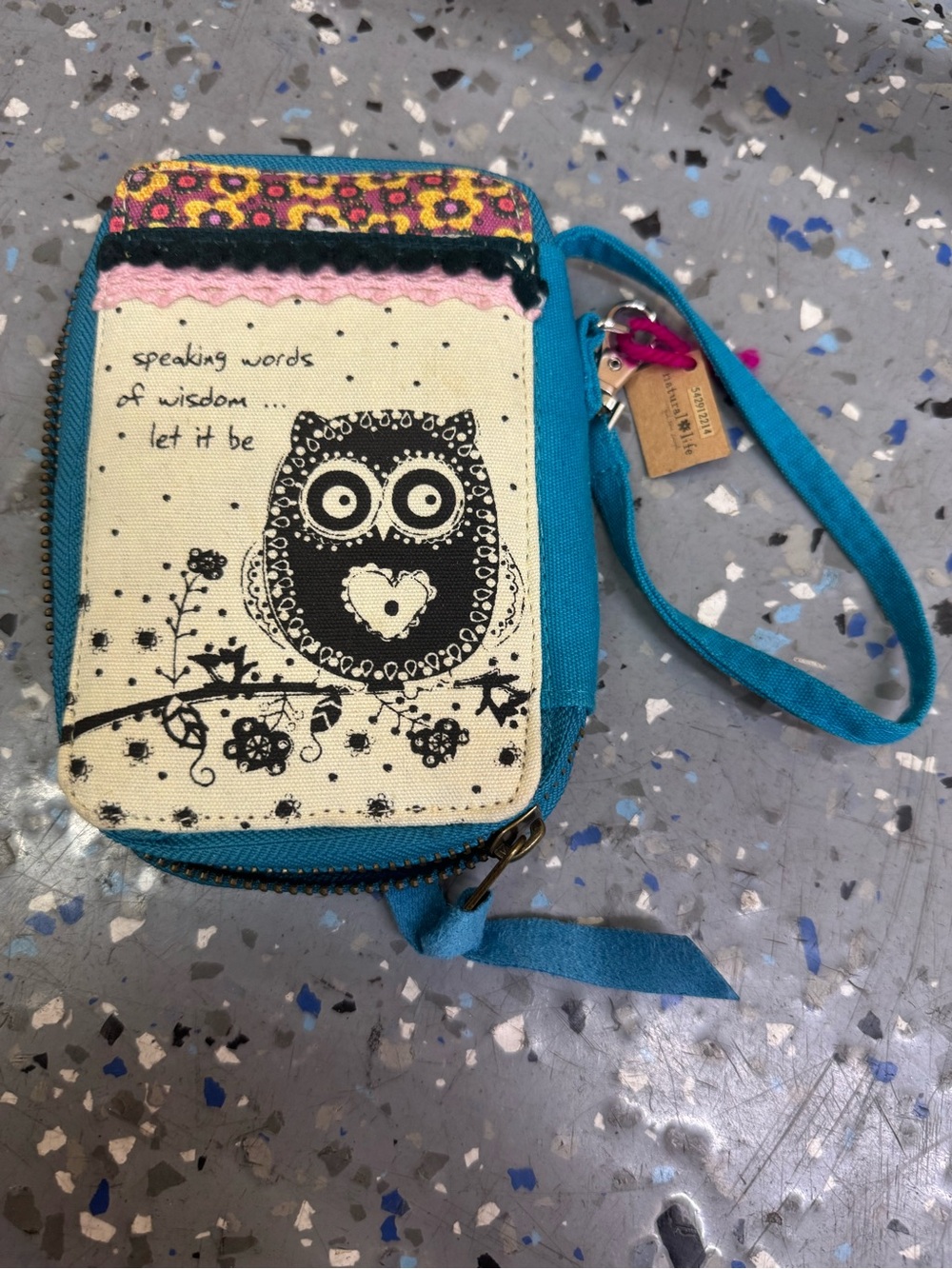 NWT Natural Life Boho Owl Let It Be Canvas Zip Around Wallet Wristlet